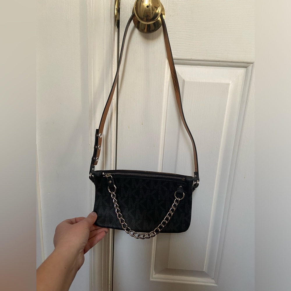 MICHAEL Michael Kors Black Gray Signature MK Monogram Belt Bag Silver Tone XL.